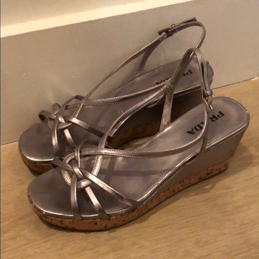 Wedge metallic Prada sandals